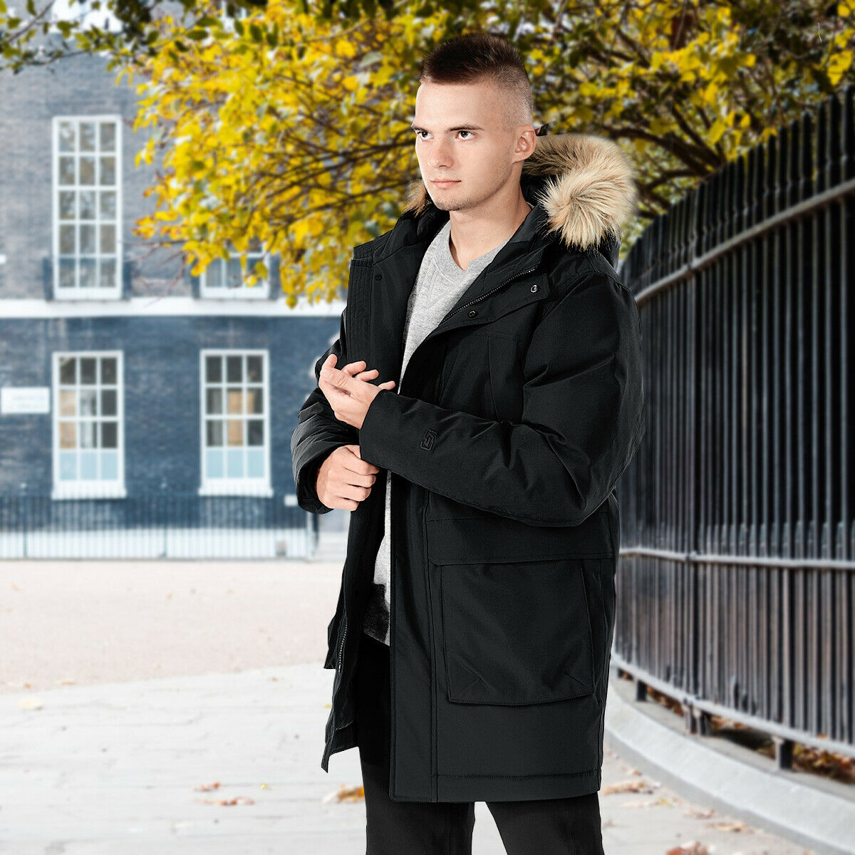 Keaac Men Winter Outdoor Down Zip Thick Jacket Outwear Puffer Coat with Fax Fur Hood 